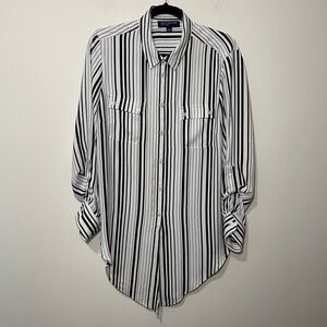 Jones New York Signature Black White Striped Button Front casual Blouse Size L